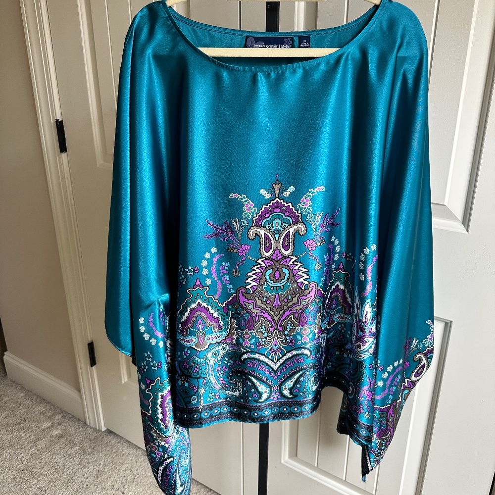 Susan Graver Plus Size Teal/Purple/Black/White Paisley Silk Blouse 3X
